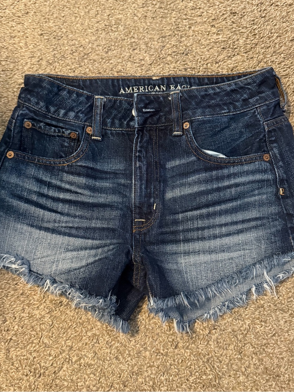 American Eagle Hi Rise Festival Women's Dark Blue Frayed Hem Denim Shorts Size 2